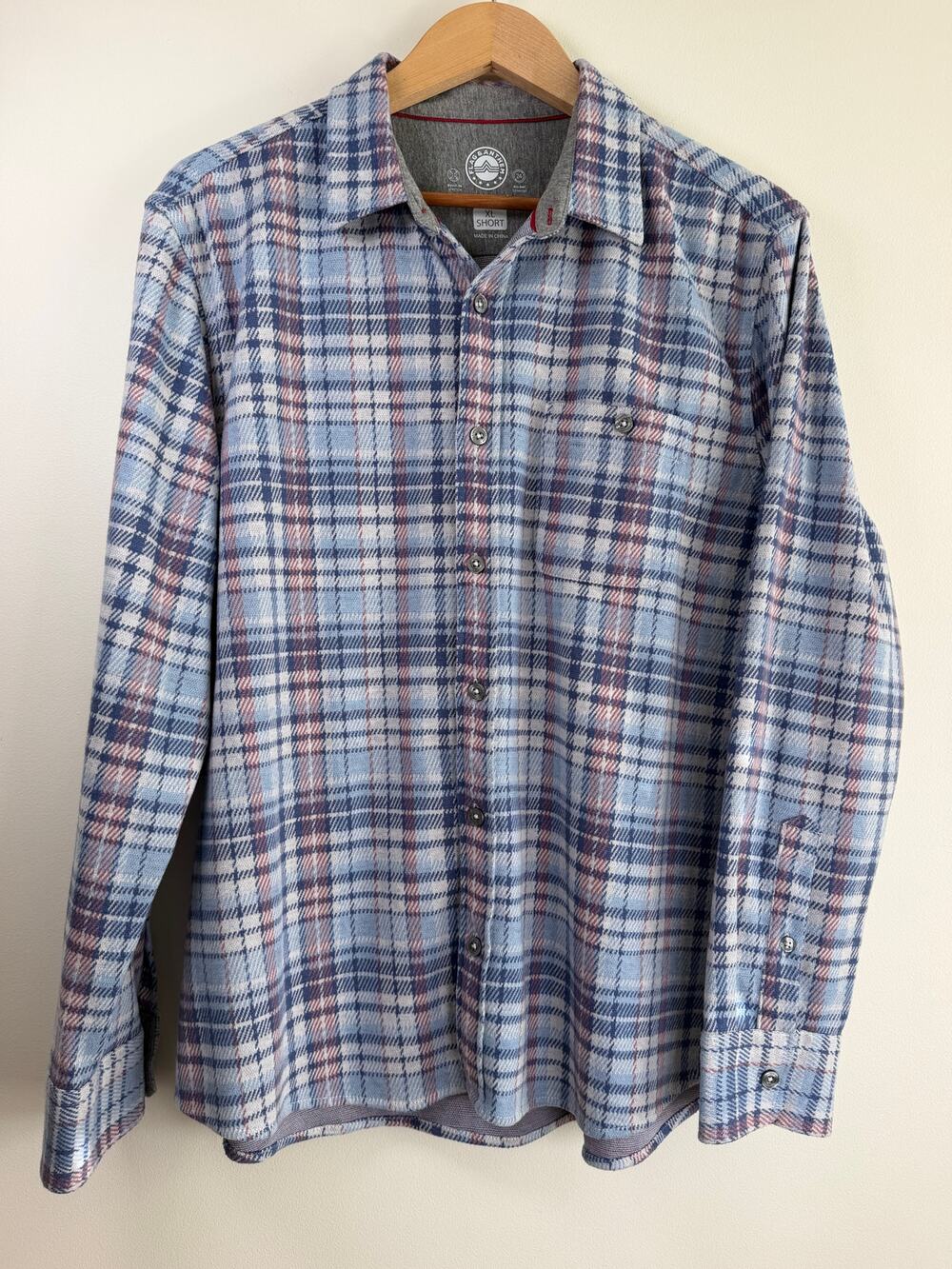 Flag & Anthem Plaid Fuzzy Flannel Shirt Stretch Blue Pink Mens XL Short Fall Lay